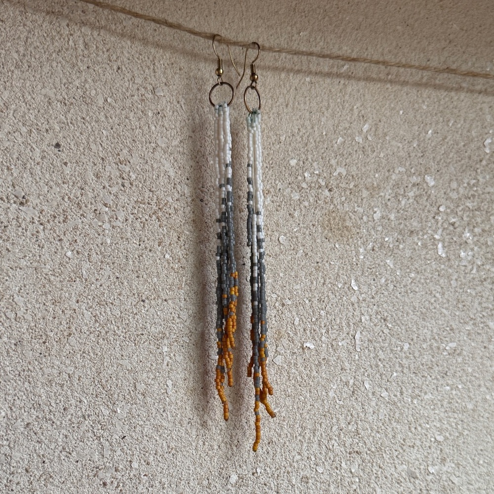 Beaded Fringe Dangle Earrings in White, Gray & Mustard
